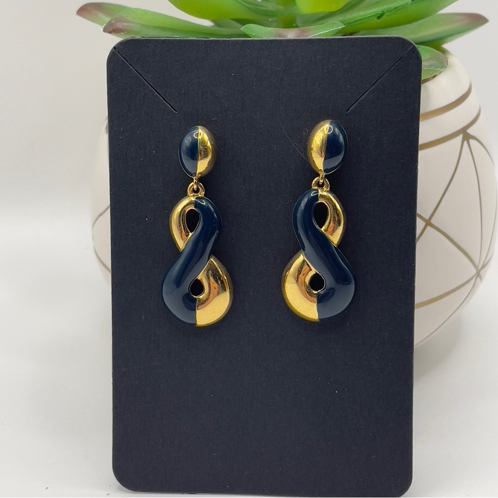 Monet Navy & Gold Infinity Twist Earrings • Vintage NEW Signed Designer!!